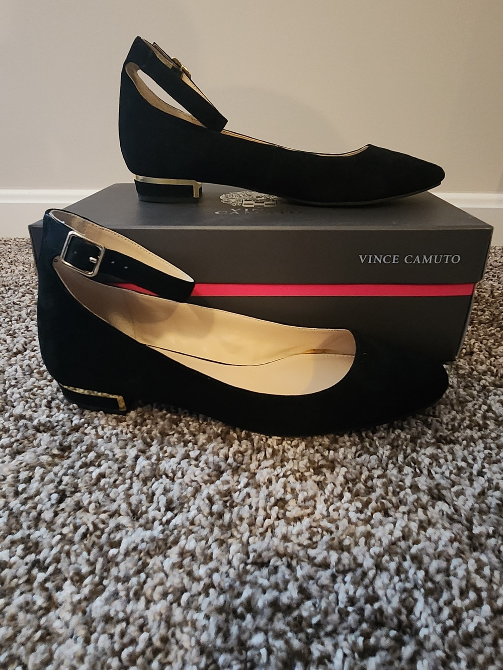 Vince Camuto Black Suede Ankle-Strap Flats with Gold Accents